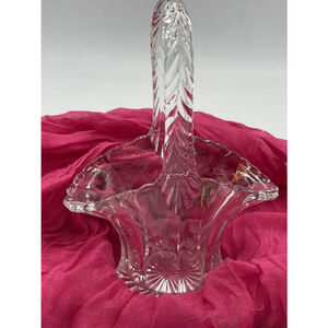 Vintage Clear Pressed Glass Basket Vase with Etched Flowers EUC